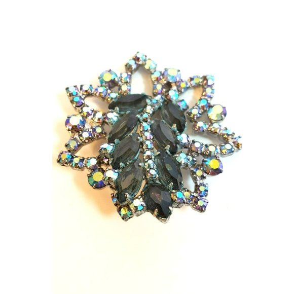 Vintage Silver Green AB Gemstones Green Rhinestone Accents Raised Women's Brooch - Picture 5 of 7